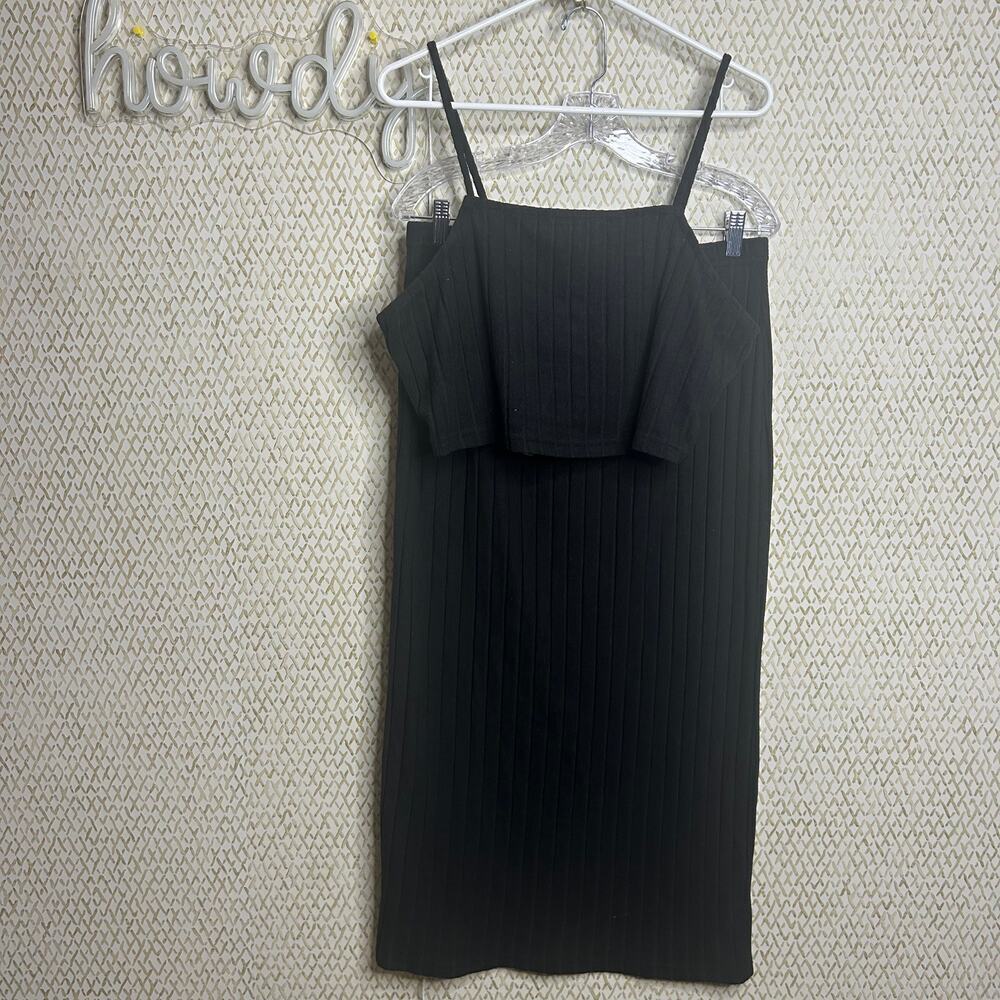 Shein Curve Black Ribbed Midi Skirt and Crop Tank Top 2 piece Set Size 1XL